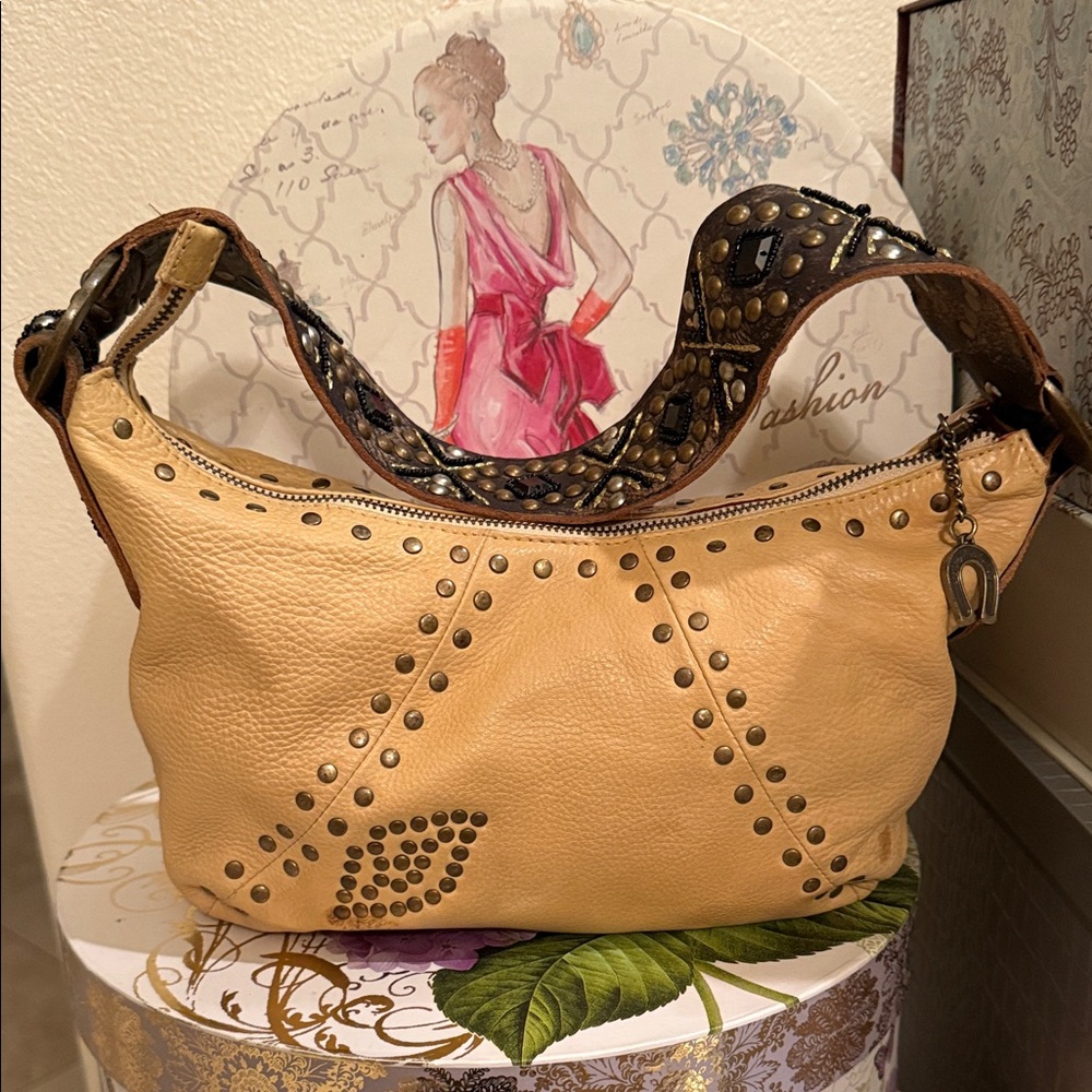 Betsy Johnson Studded Tan Leather Shoulder Bag